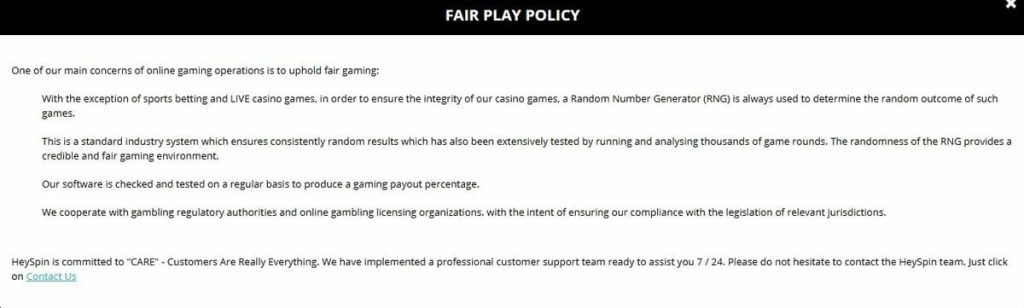 HeySpin Casino RNG