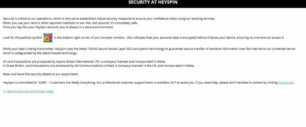 HeySpin Casino sécurité